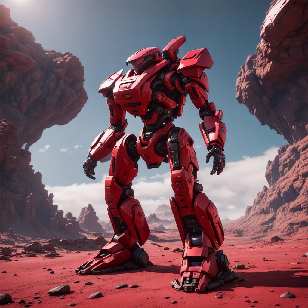 Giant Red Robot Mech on Alien World