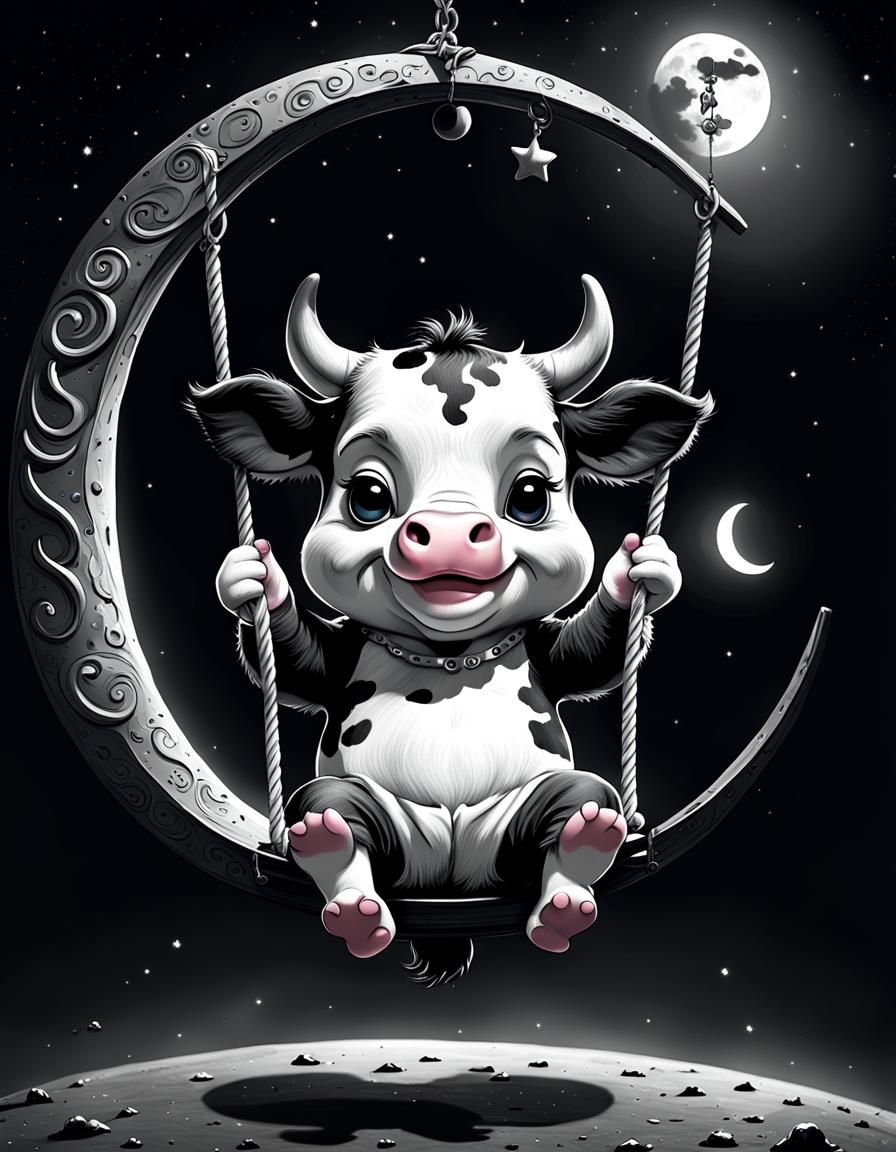 Cow having fun on a swing