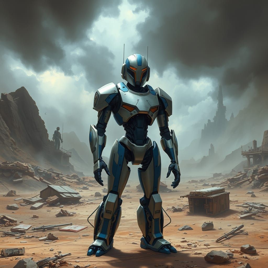 Futuristic Battle Droid in War-Torn Landscape