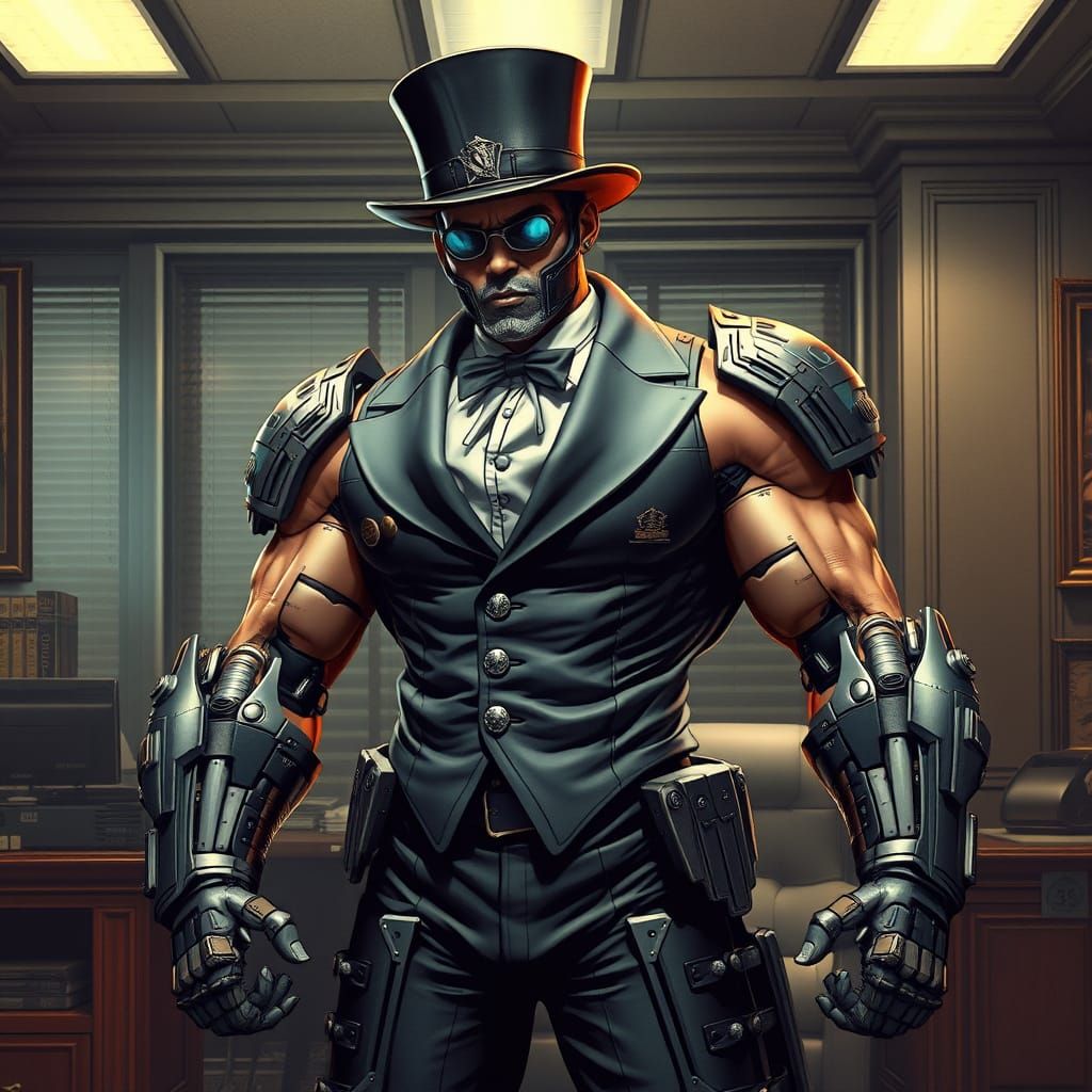 Cyborg Gladiator Cop in Top Hat, Cyberpunk Style