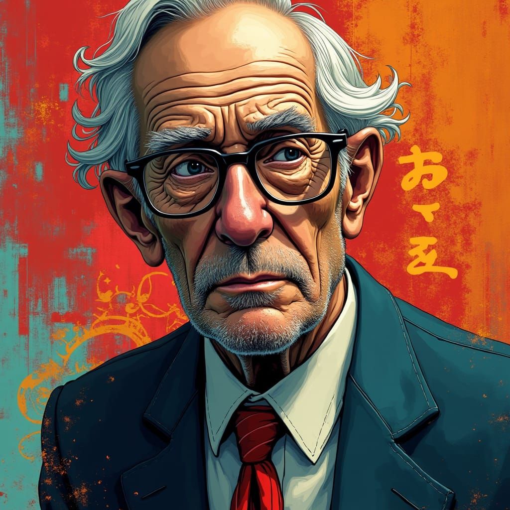 Elderly Man Portrait with Abstract Background, Photorealisti...