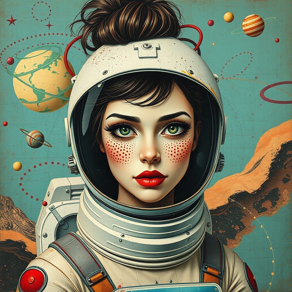 Whimsical Steampunk Astronaut Woman Explores the Cosmos