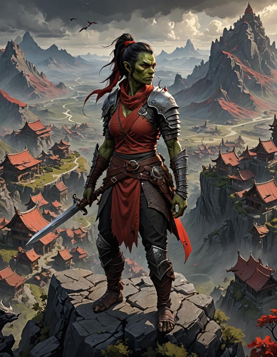 Orc Warrior With Dragon Overlooking Village