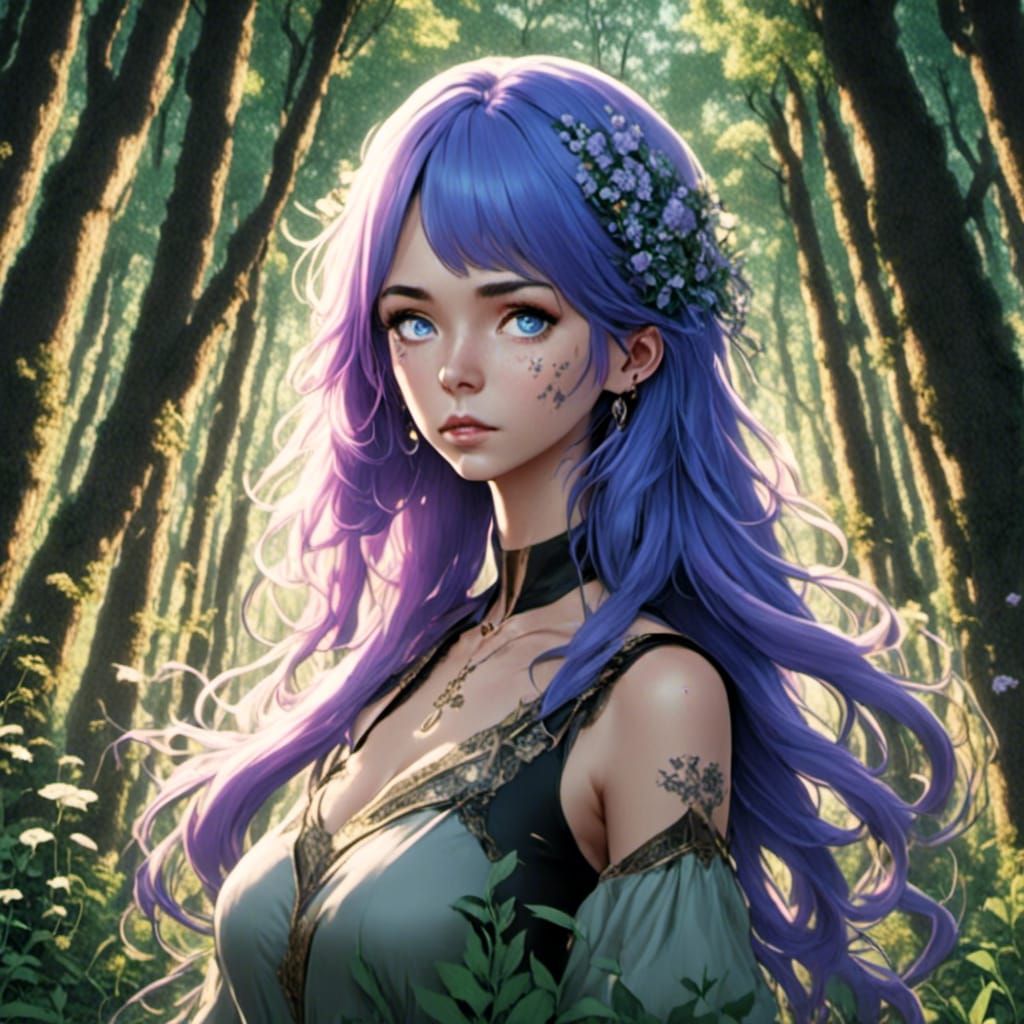 Anime Woman with Violet Hair in Forest at Sunset