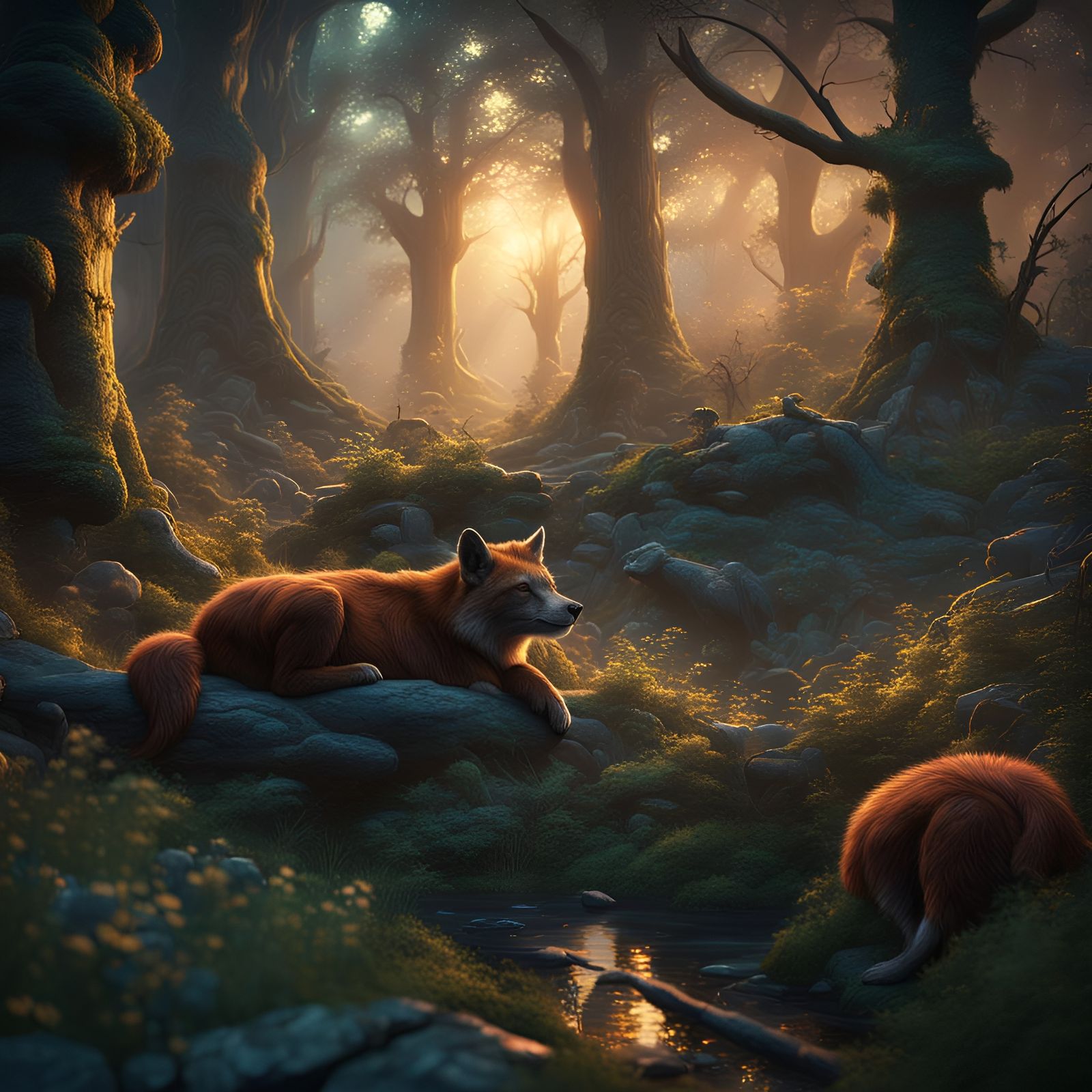 Dawn Forest Scene with Sleeping Animals