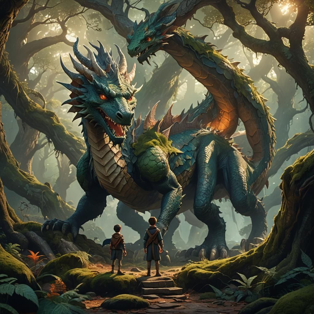 Boy Sorcerer and Patchwork Dragon in Mystical Forest
