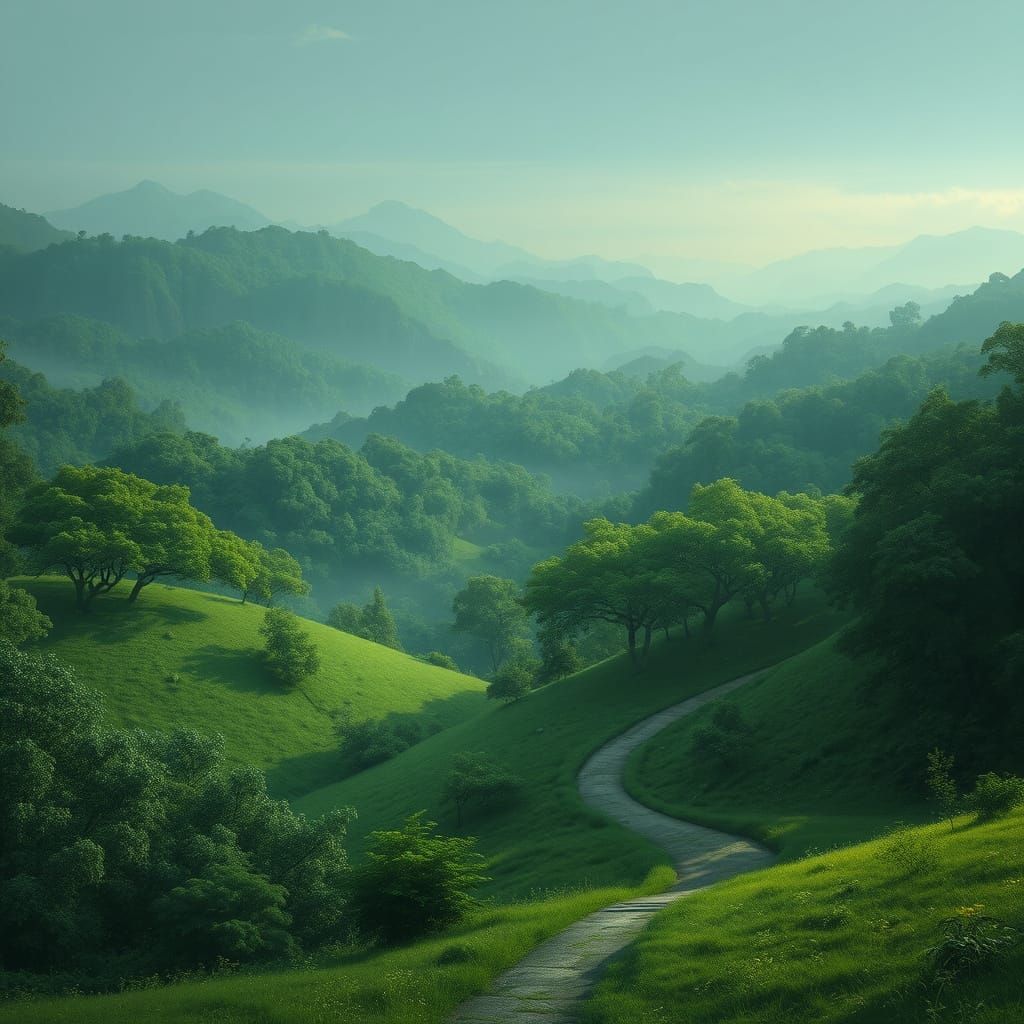 Surreal Enchanted Forest Landscape in Mystical Greens