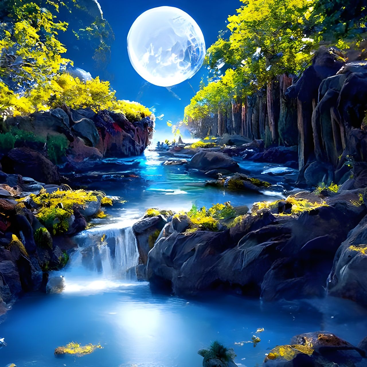 Night Moon and river with a waterfall - Coherent