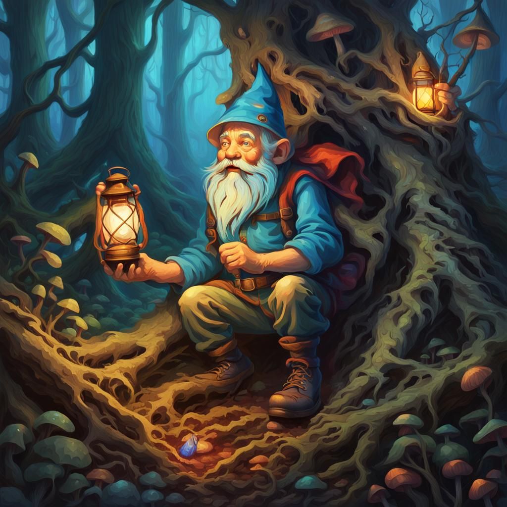 Gnome Explorer in Mystical Forest, Oil Painting