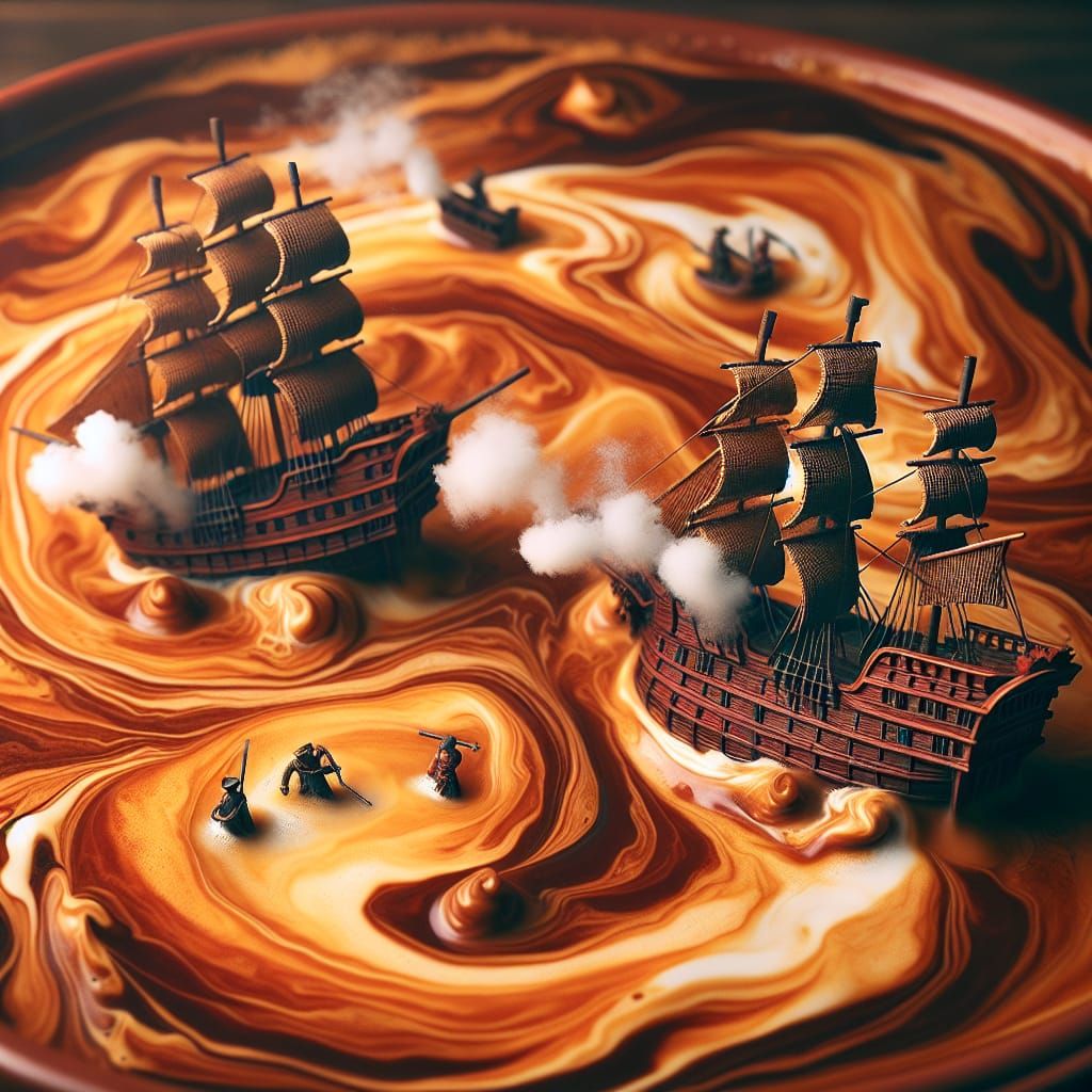 Pirate Battle in Coffee Cup: Oil Painting