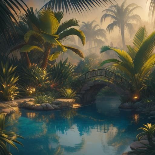 Epic Majestic Oasis Scene in Vibrant Oil Painting Style