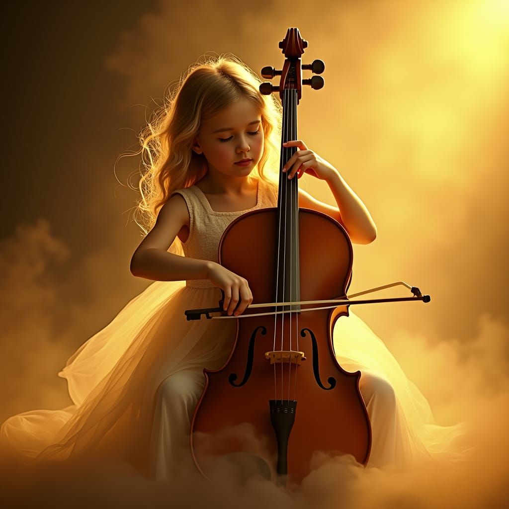 Monochromatic Golden Girl Playing Cello in Space