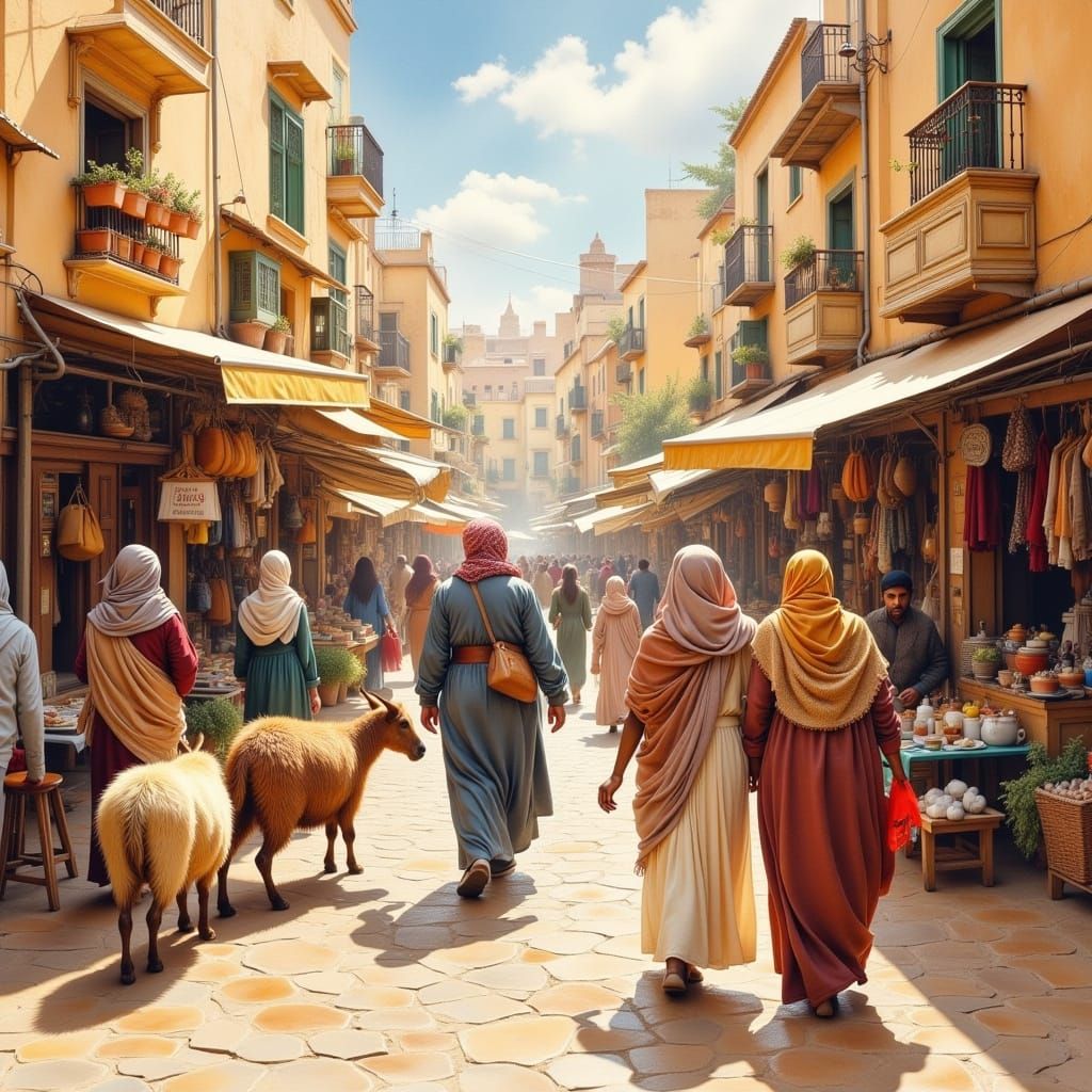 Casablanca Marketplace with Shoppers in Photorealistic Style