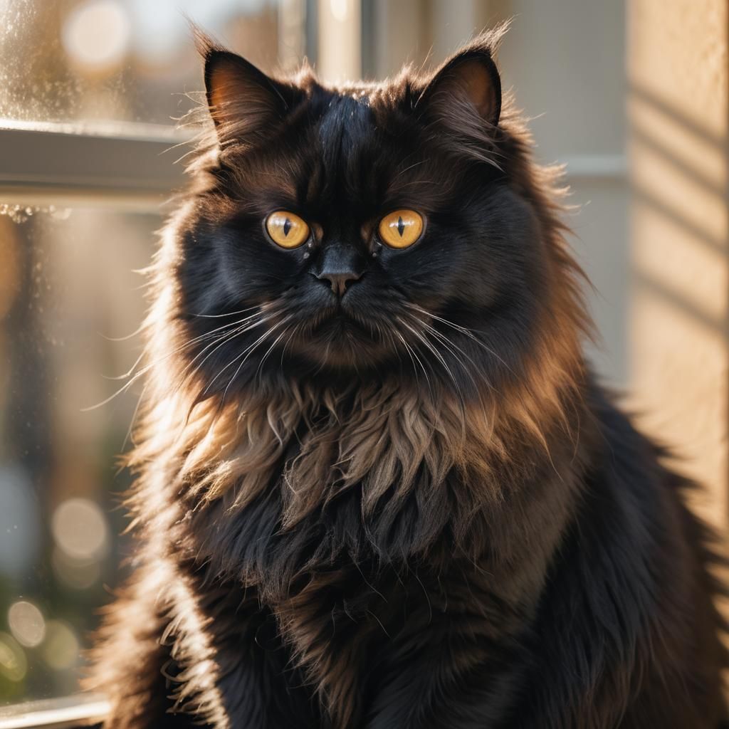 Sunlit Black Persian Cat: Macro Photography