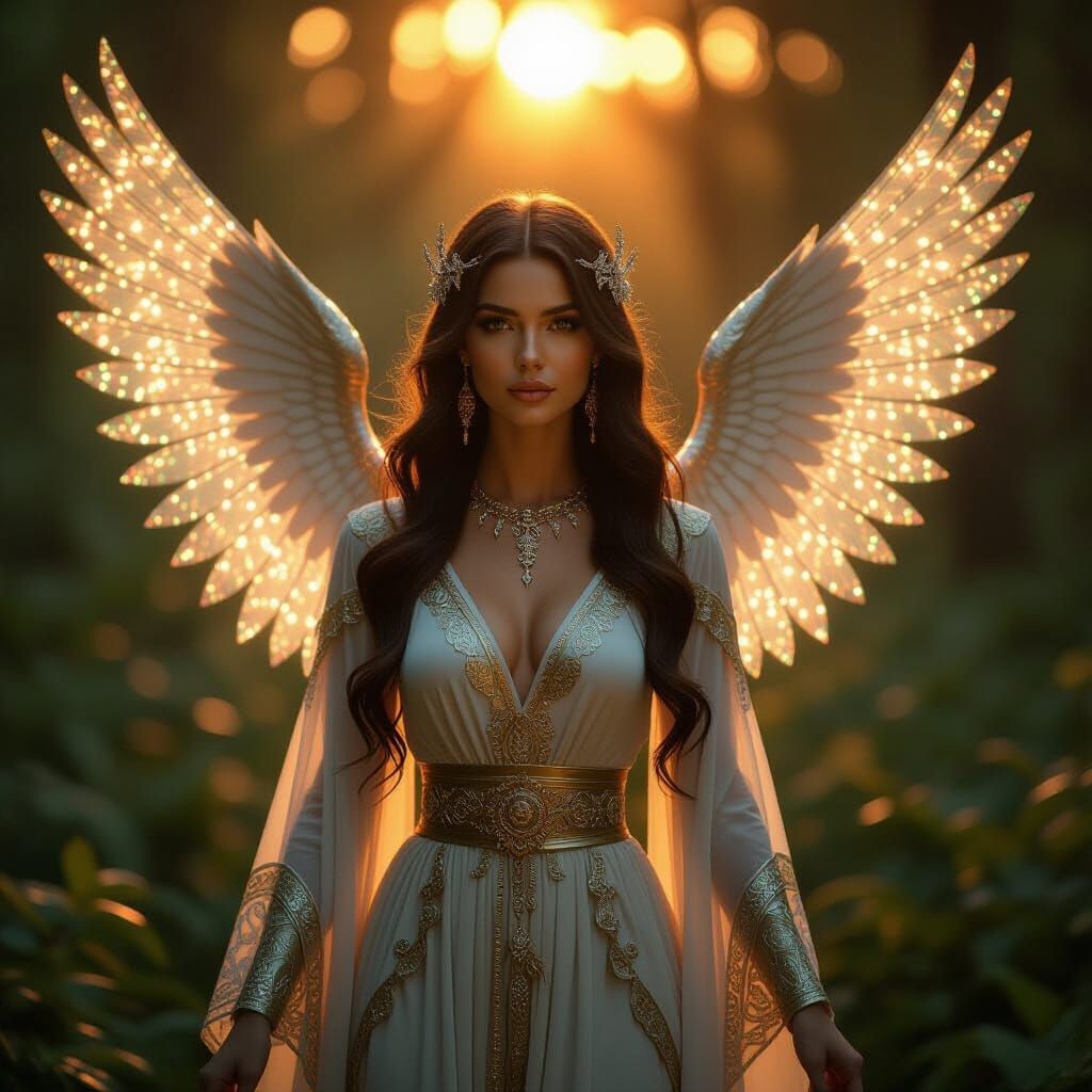 Ethereal Being with Holographic Wings in Golden Light