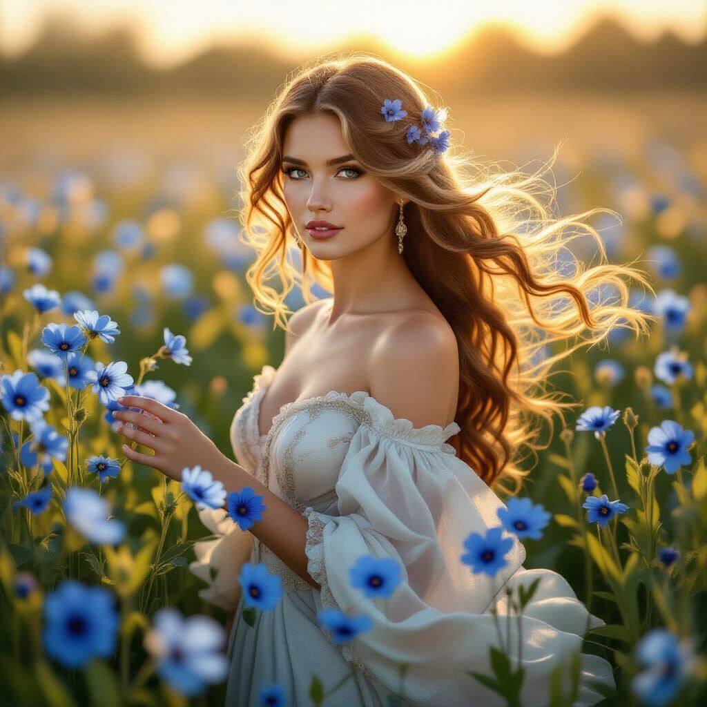 Regal Woman in Blue Flower Field, Art Nouveau Style