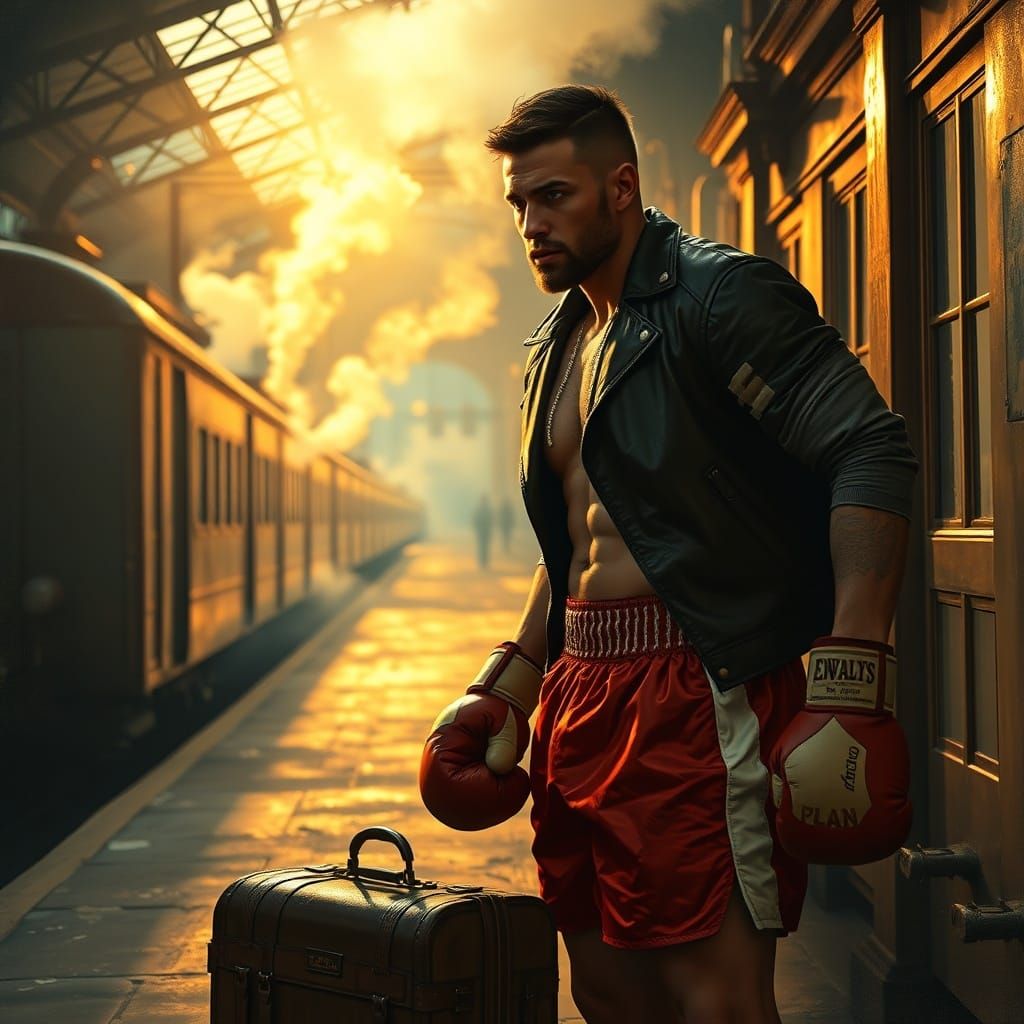 Boxer Awaits Train in Noir Style