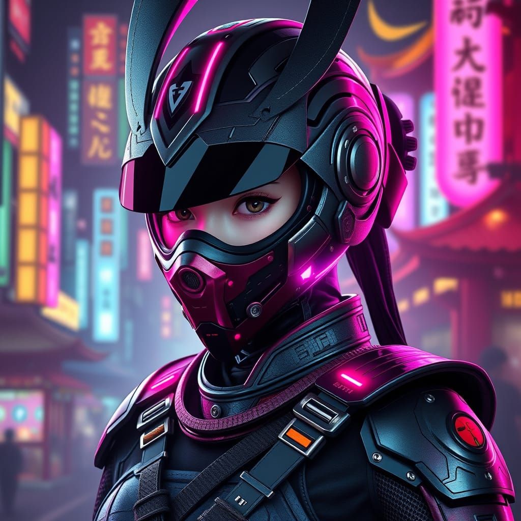 Cyborg Shogun in Darkpunk Cityscape with Cybernetic Enhancem...
