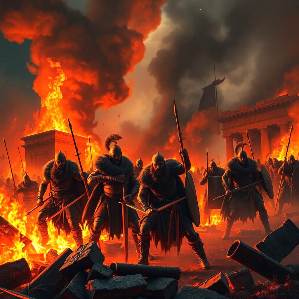 Ancient Rome in flames. A horde of Attila the Hun's fighters...