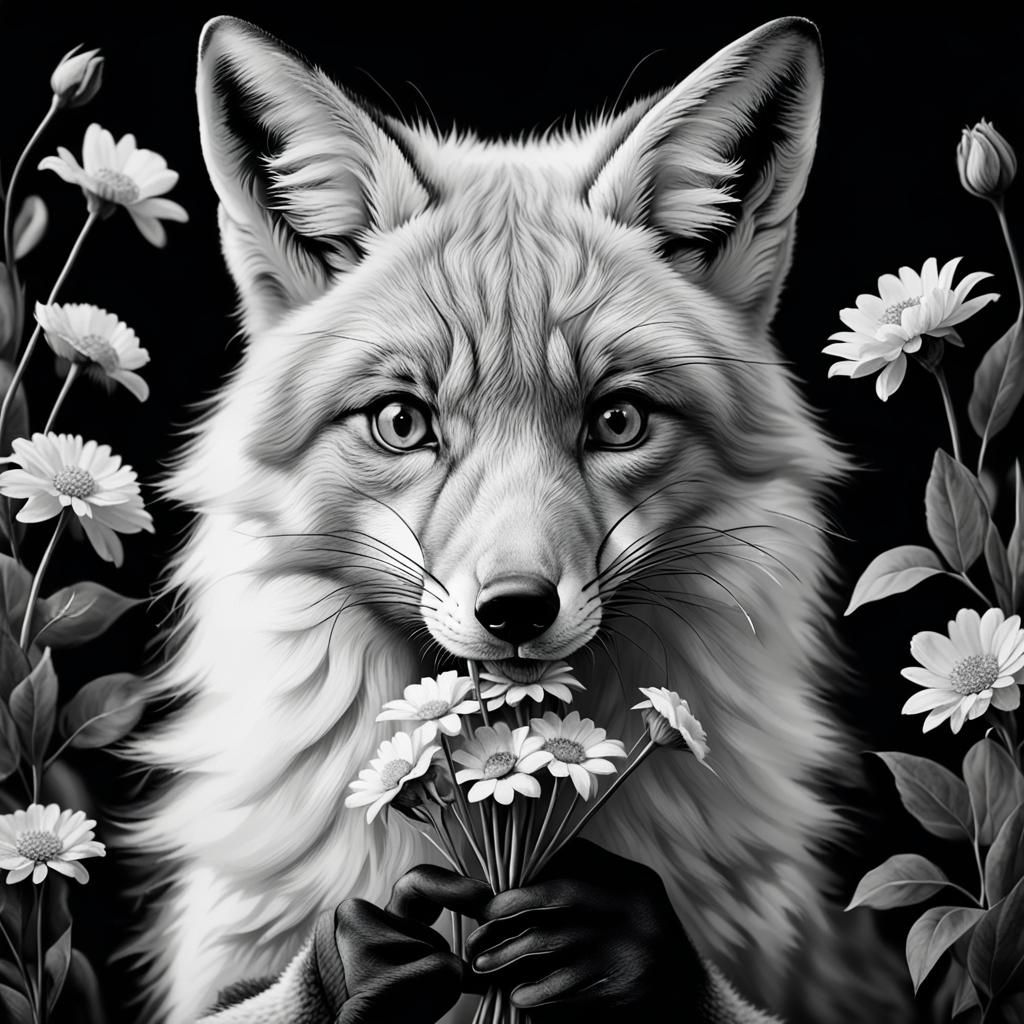 Elegant Fox Portrait with Floral Bouquet