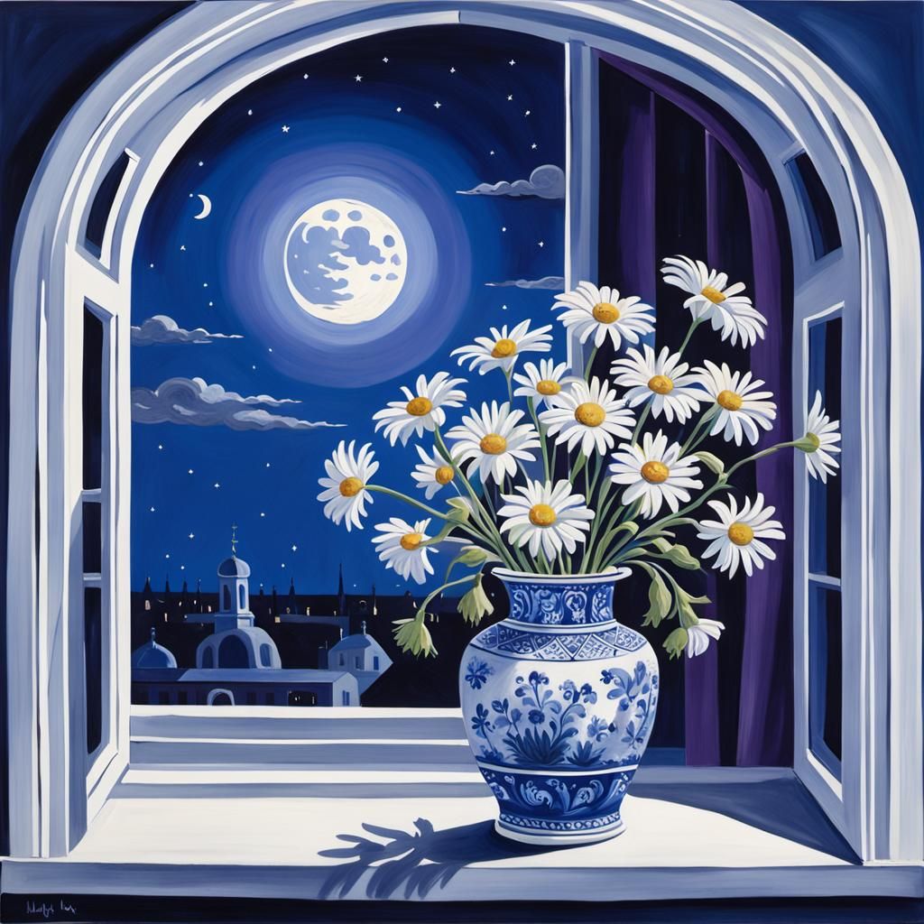 Delft Blue Vase Daisies in Moonlight