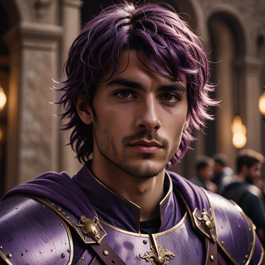 Purple-Haired Swordsman: A Hyperrealistic Cinematic Portrait