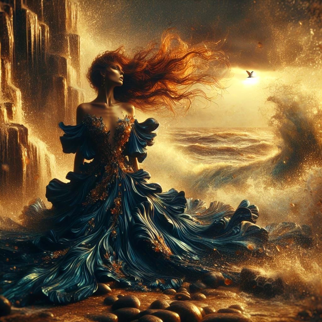 Radiant Woman on Rocky Coast in Golden Hour