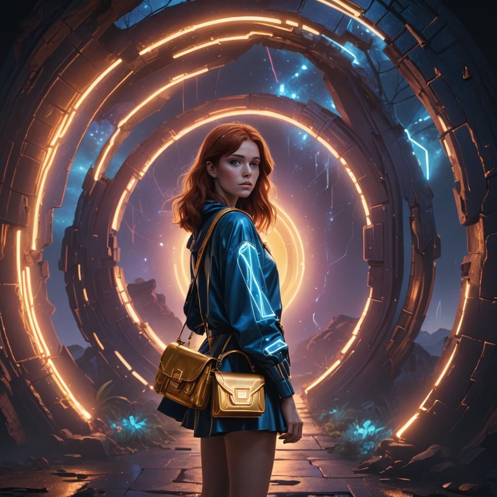 Teenage Girl and Glowing Portal in Synthwave Style