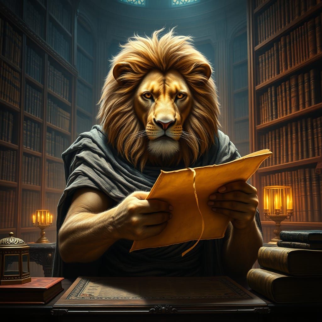 Scholarly Lion in Alexandria's Mystical Library