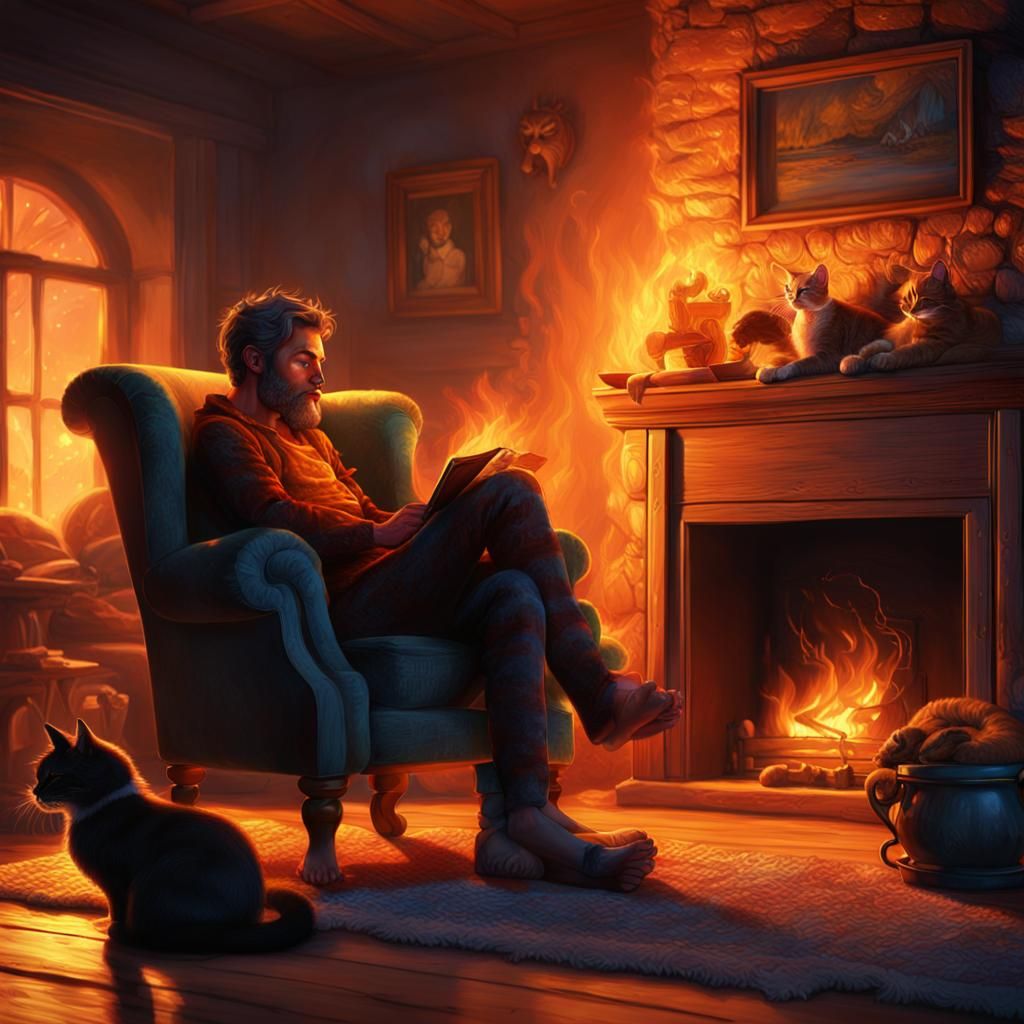 Faun by Fireplace with Sleeping Cat, Digital Art