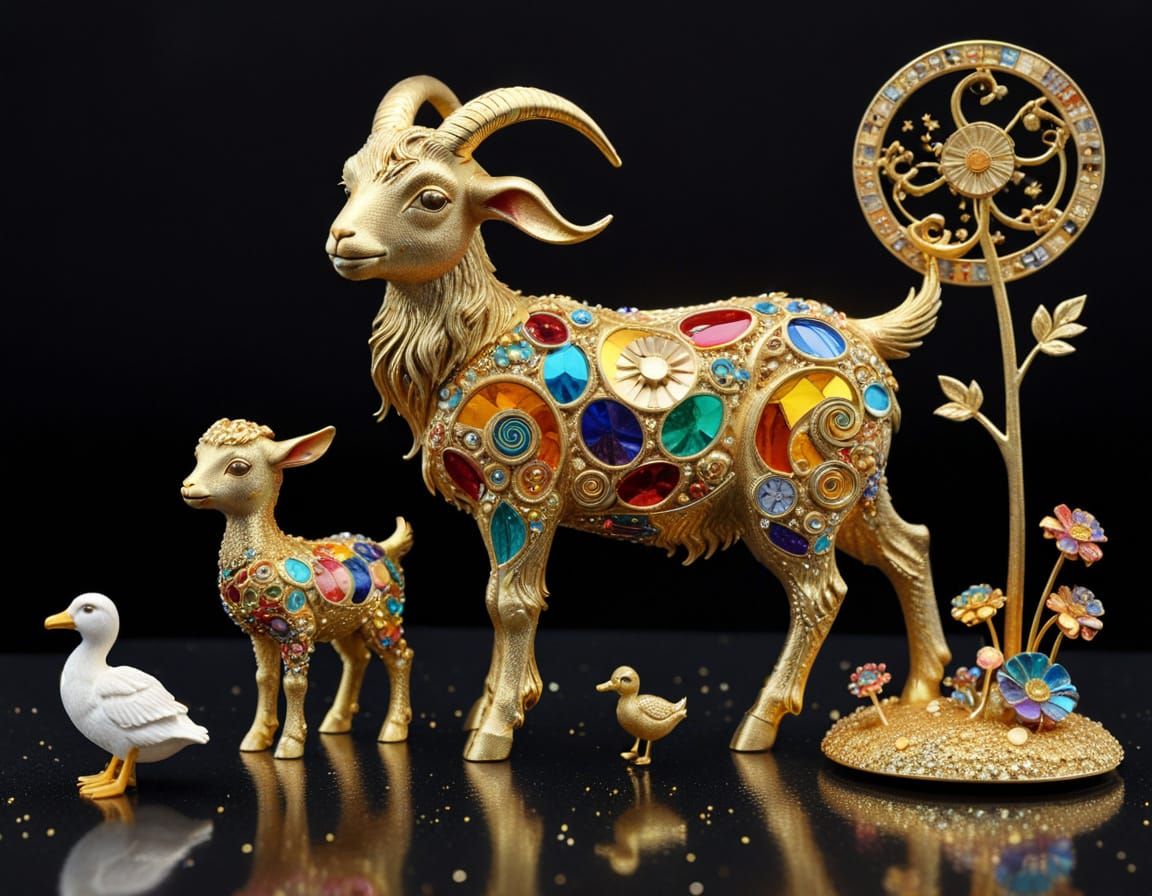 Rainbow Goat with Duckling in Art Nouveau Style