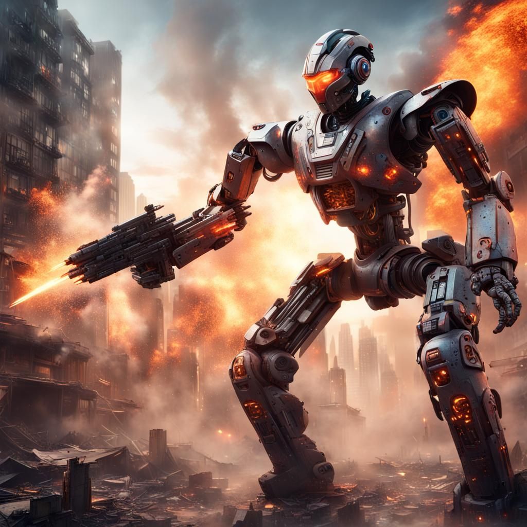 War Robot with Universe of Weapons in Burning City