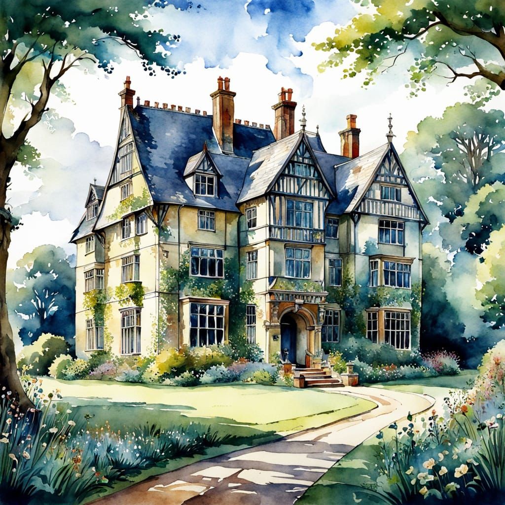 Ornate Watercolour Illustration of a Beautiful Old Manor Hou...