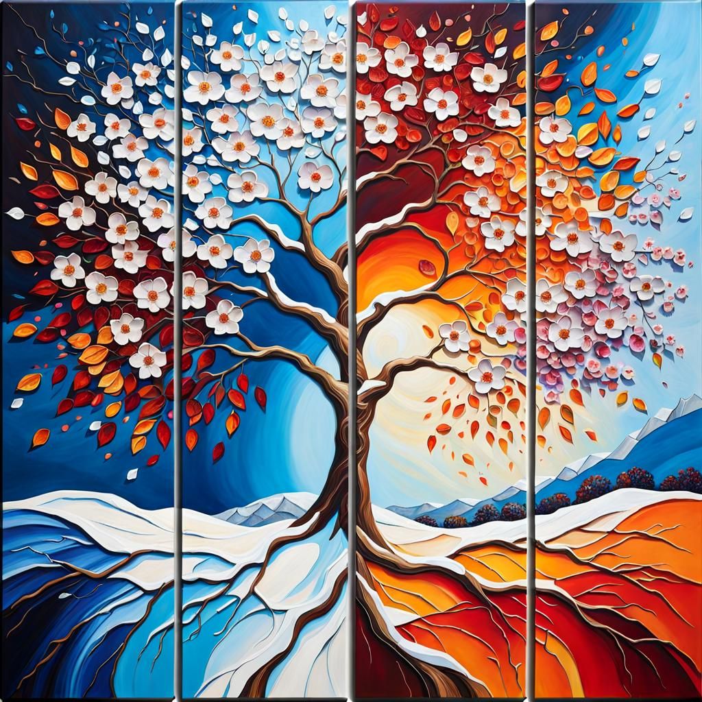 Four Seasons Tree in Impasto Mixed Media
