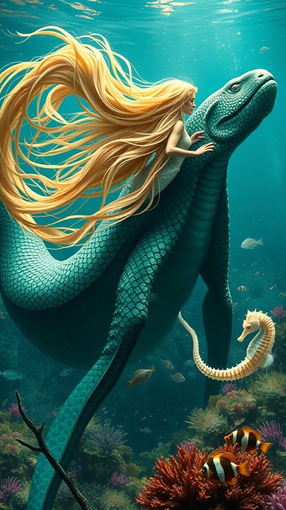 A Beautiful Aqua & Golden Sea Nymph with the Loch Ness Monster 🧜‍♀️🐍