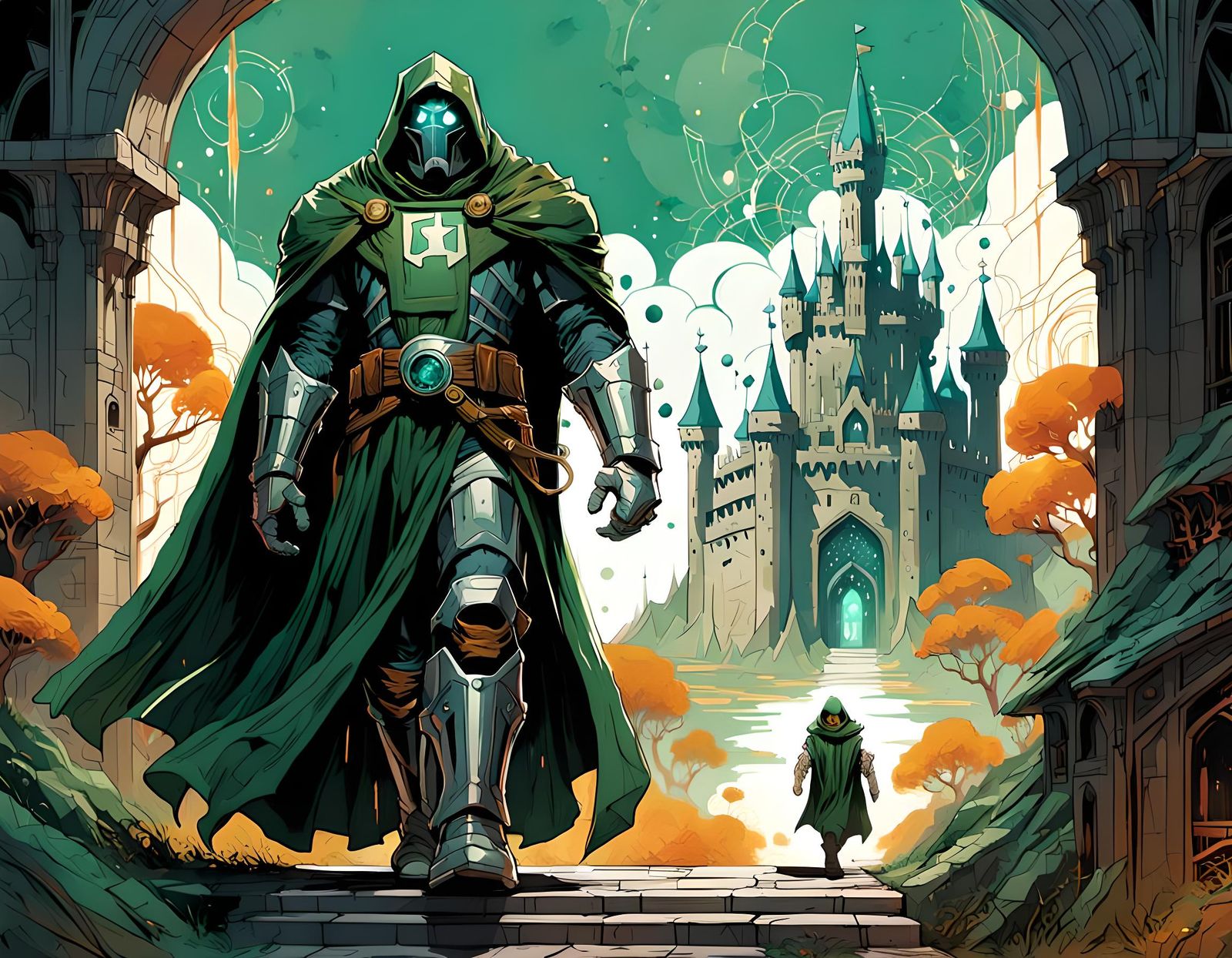 Doctor Doom in Armor Walking Through His Castle