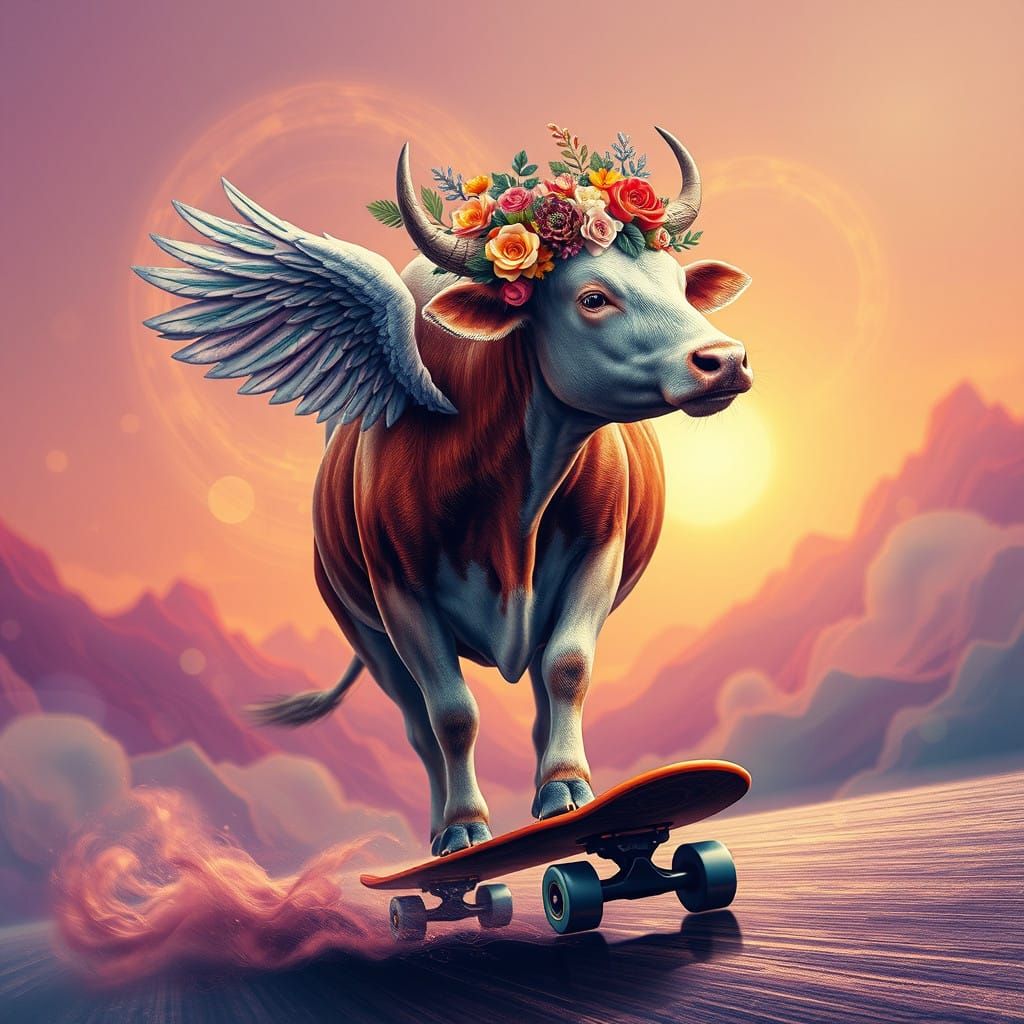 Dreamy Cow Soars on Skates in Vibrant, Surreal Landscape