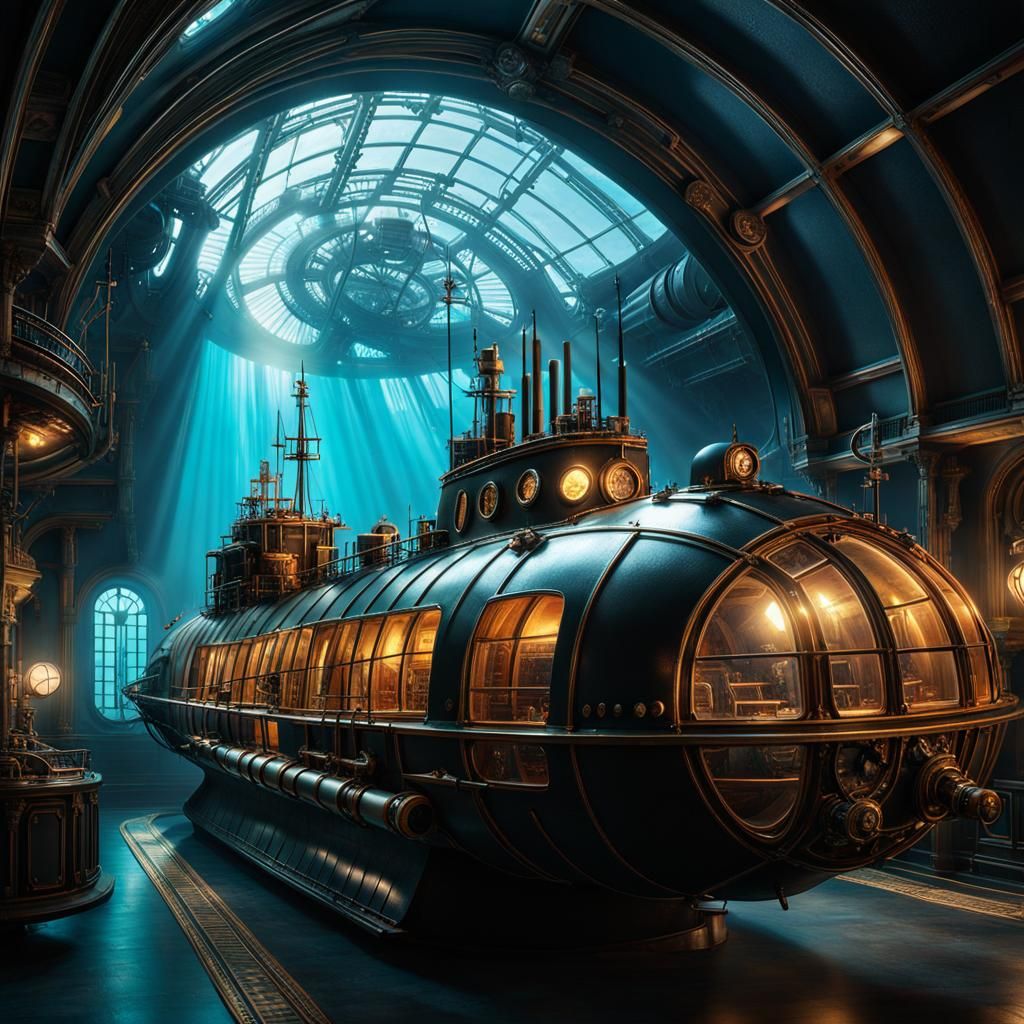 Steampunk Nautilus Submarine in Magic Realism Style