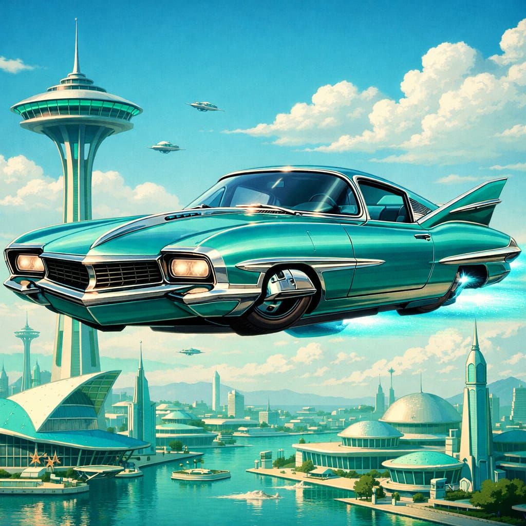Retro-Futuristic Teal Vehicle Flies Over Googie City