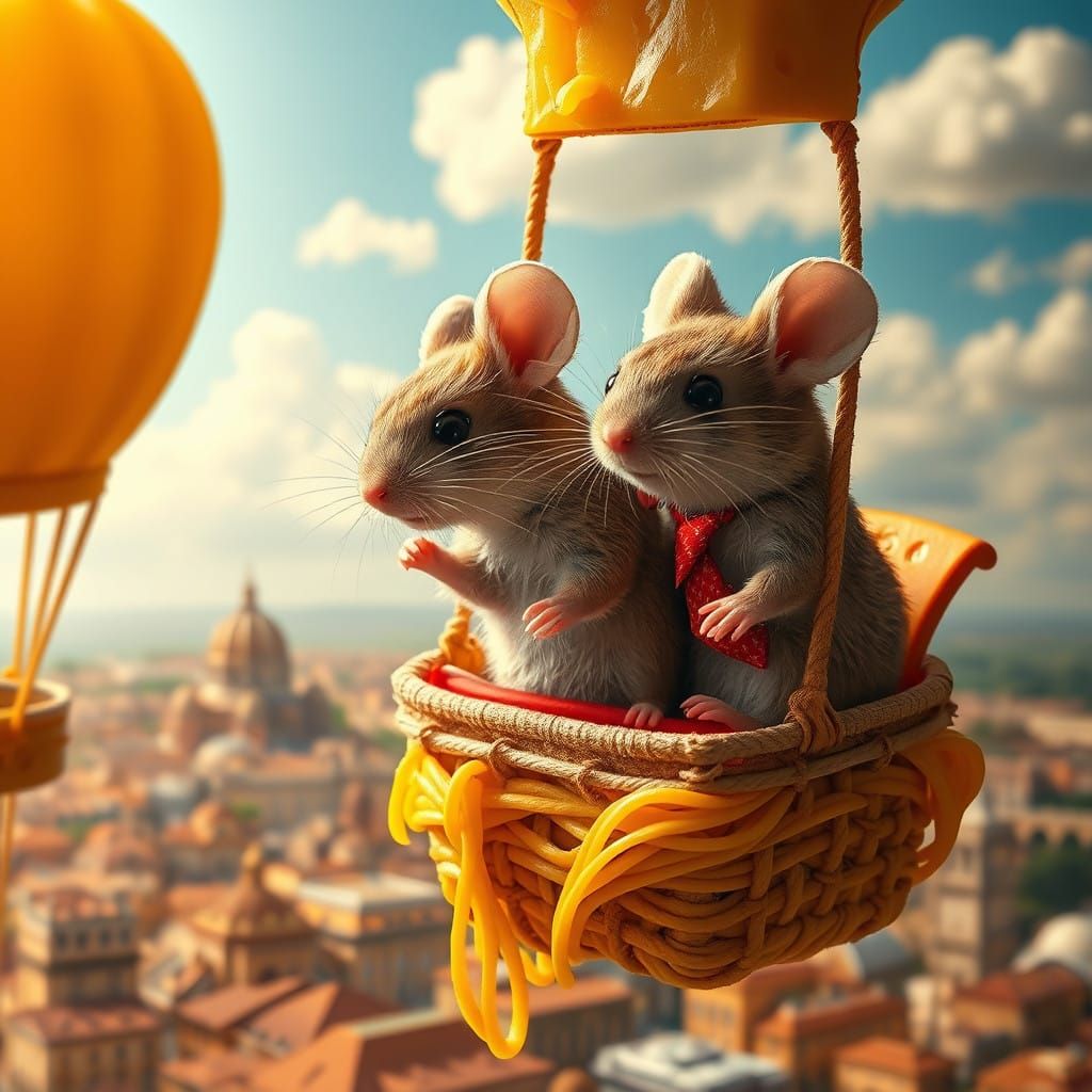 Two Mice Soar Over Rome in a Cheese Air Balloon