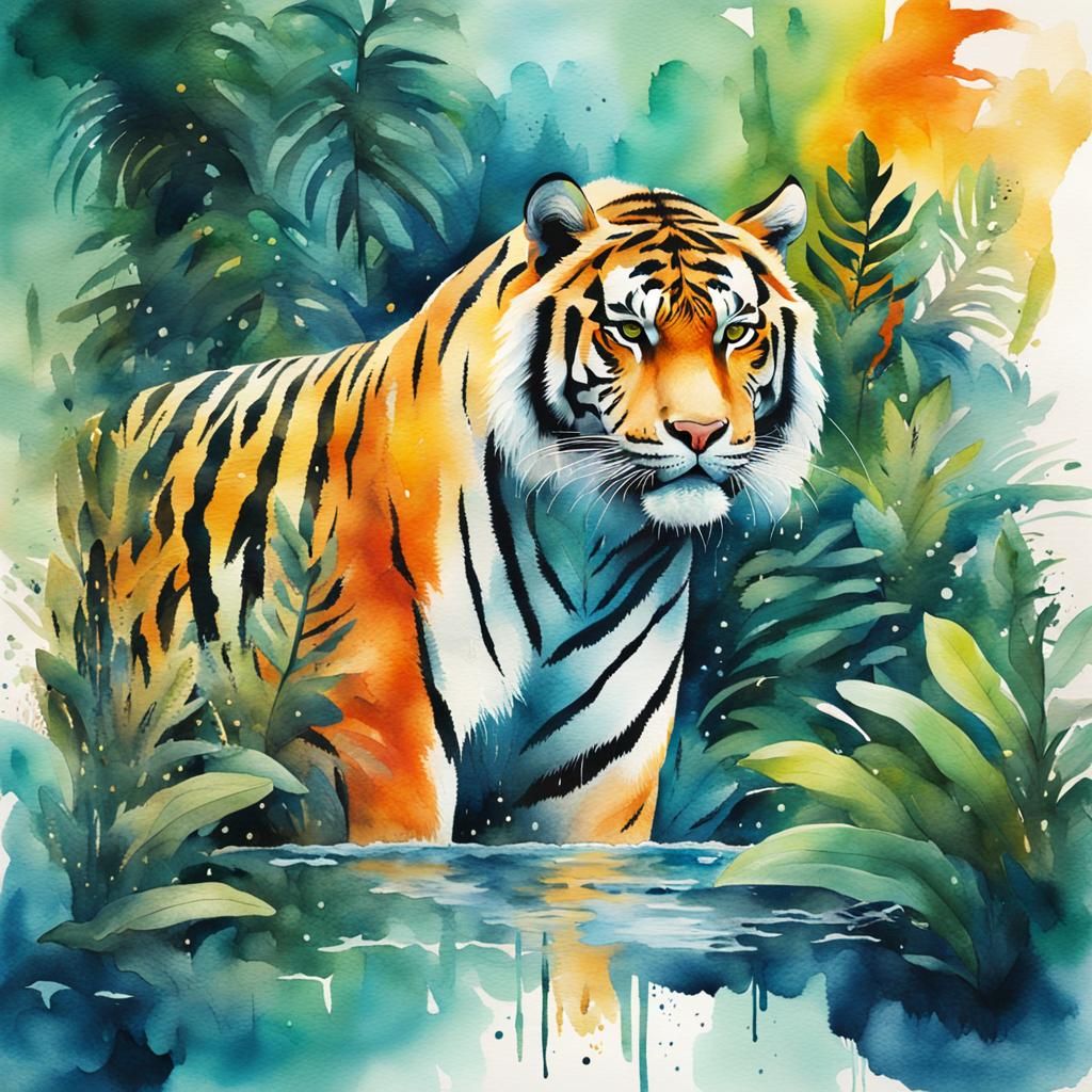 Watercolor Tiger with Jungle Double Exposure