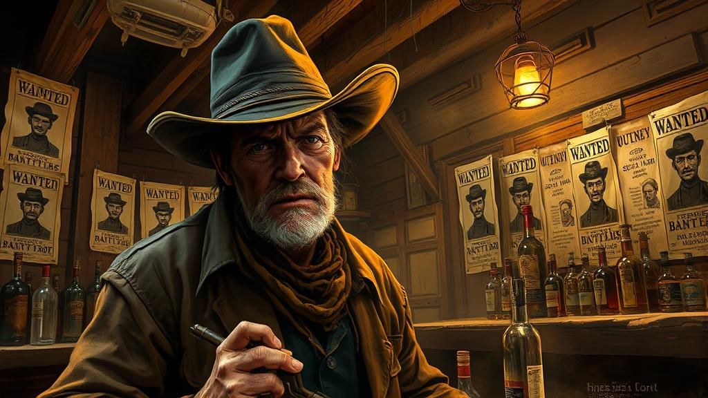 Bounty Hunter in Dusty Saloon, Oil Painting Style