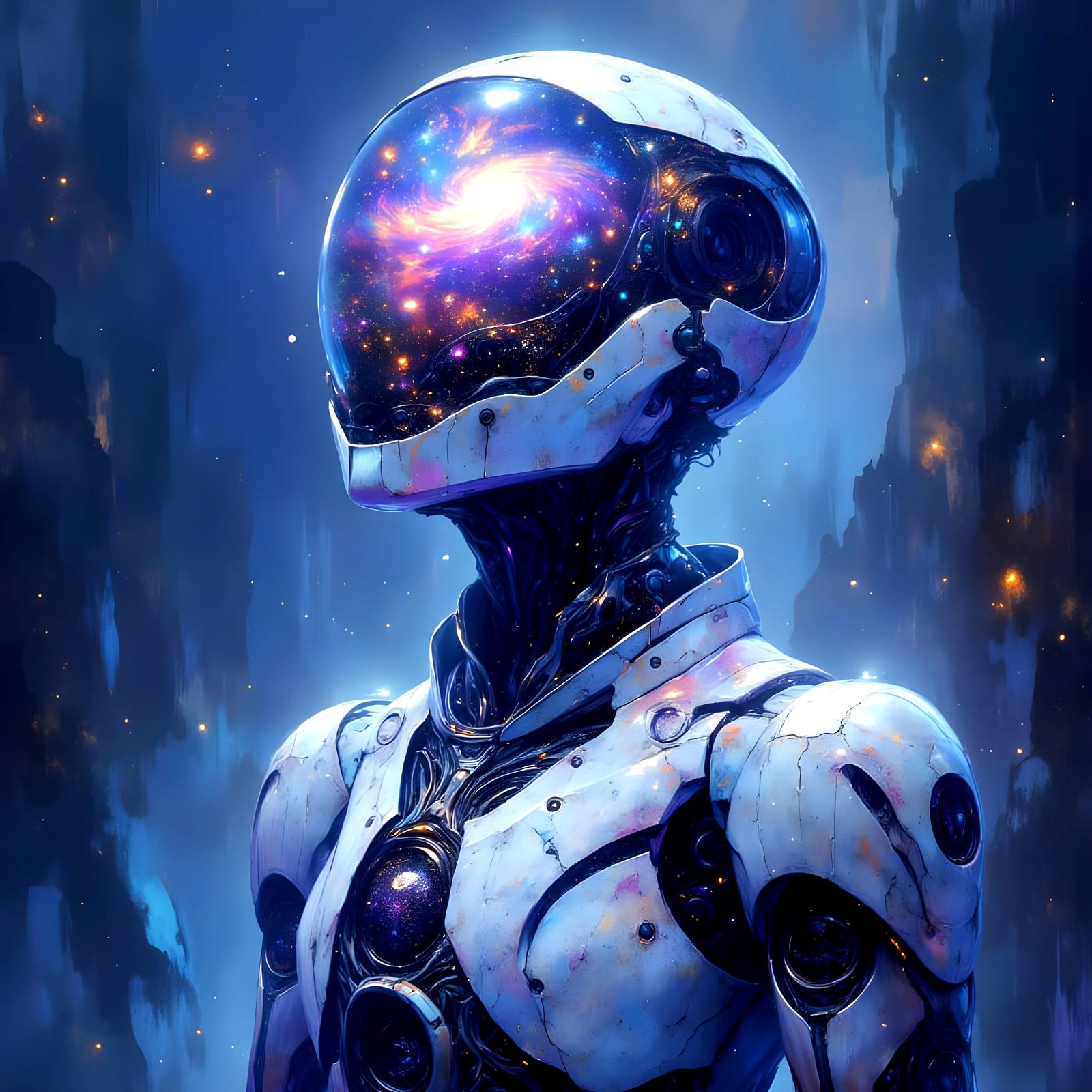 Cinematic Robot Portrait in a Swirling Galaxy Cosmos