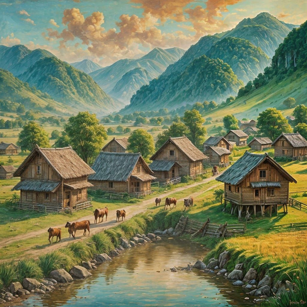 Ancient Village Painting with Green Mountain Backdrop