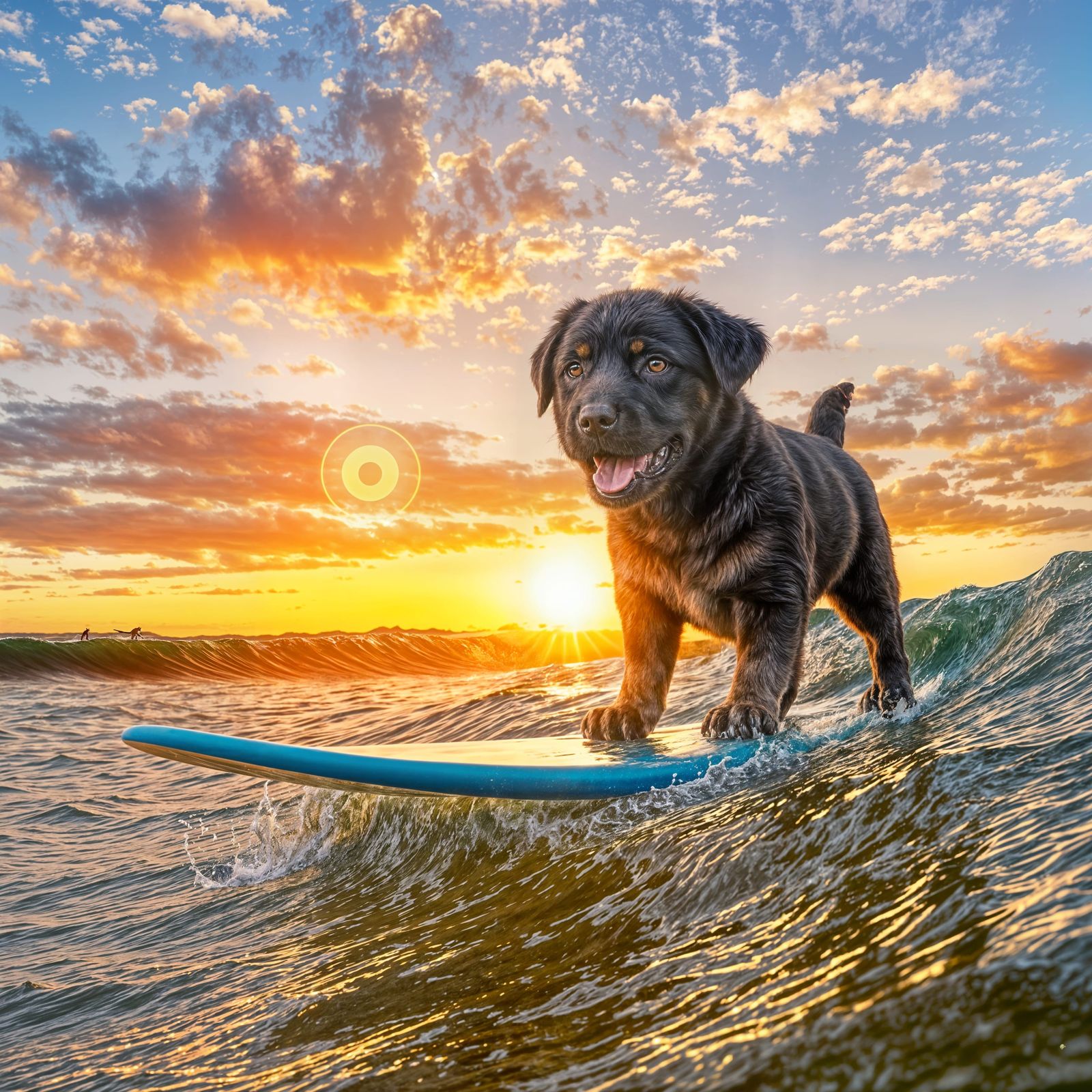 Hyper-Realistic Surfing Labrador Puppy at Sunset