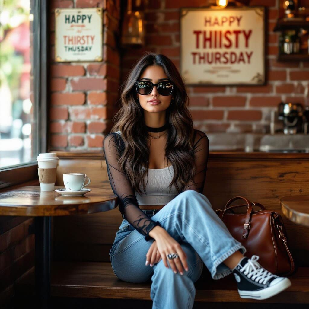 Stylish Woman in Rustic Cafe Corner