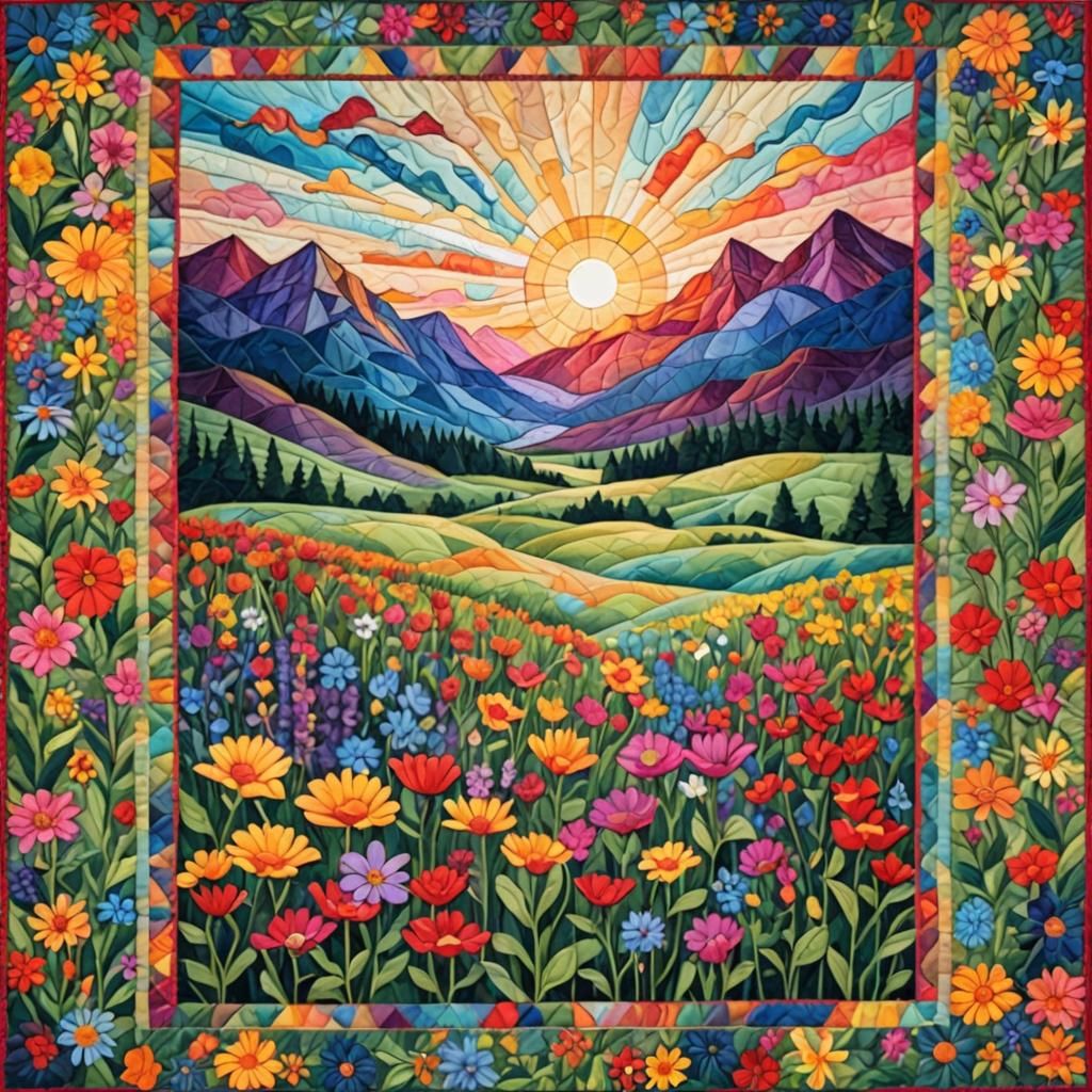 quilted frame border, field of wildflowers with mountains an...