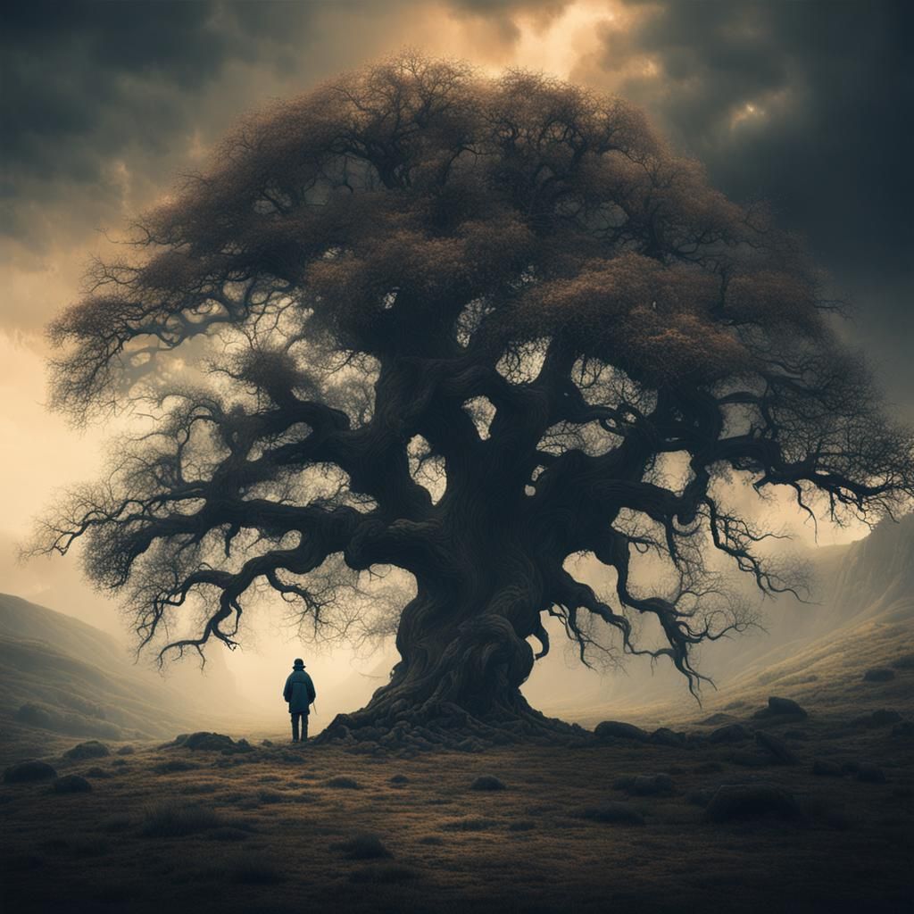 Lone Wanderer Beneath an Old Tree