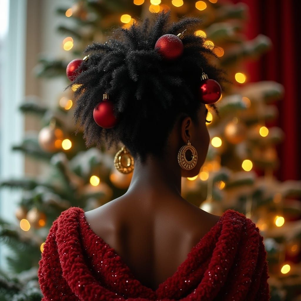 Elegant Black Woman Adorned with Vibrant Christmas Ornaments