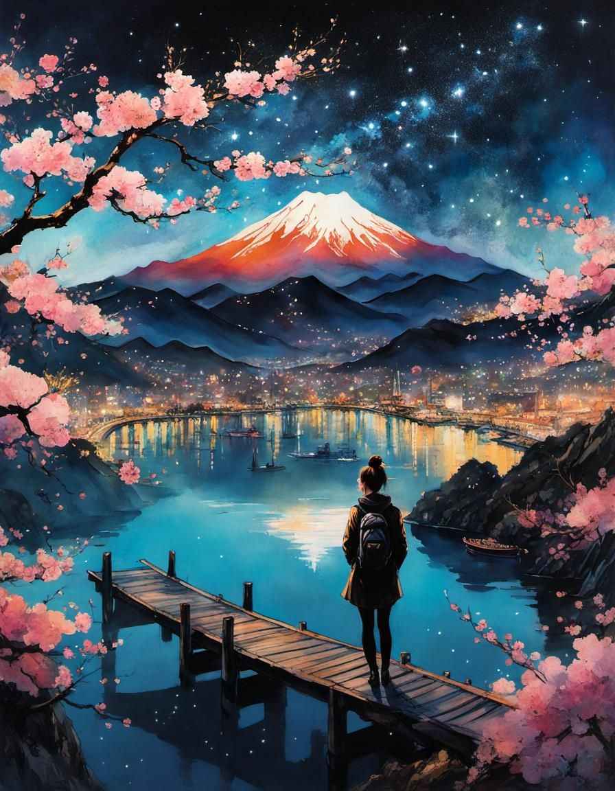 Sakura Key: Double Exposure Chinese Ink Landscape